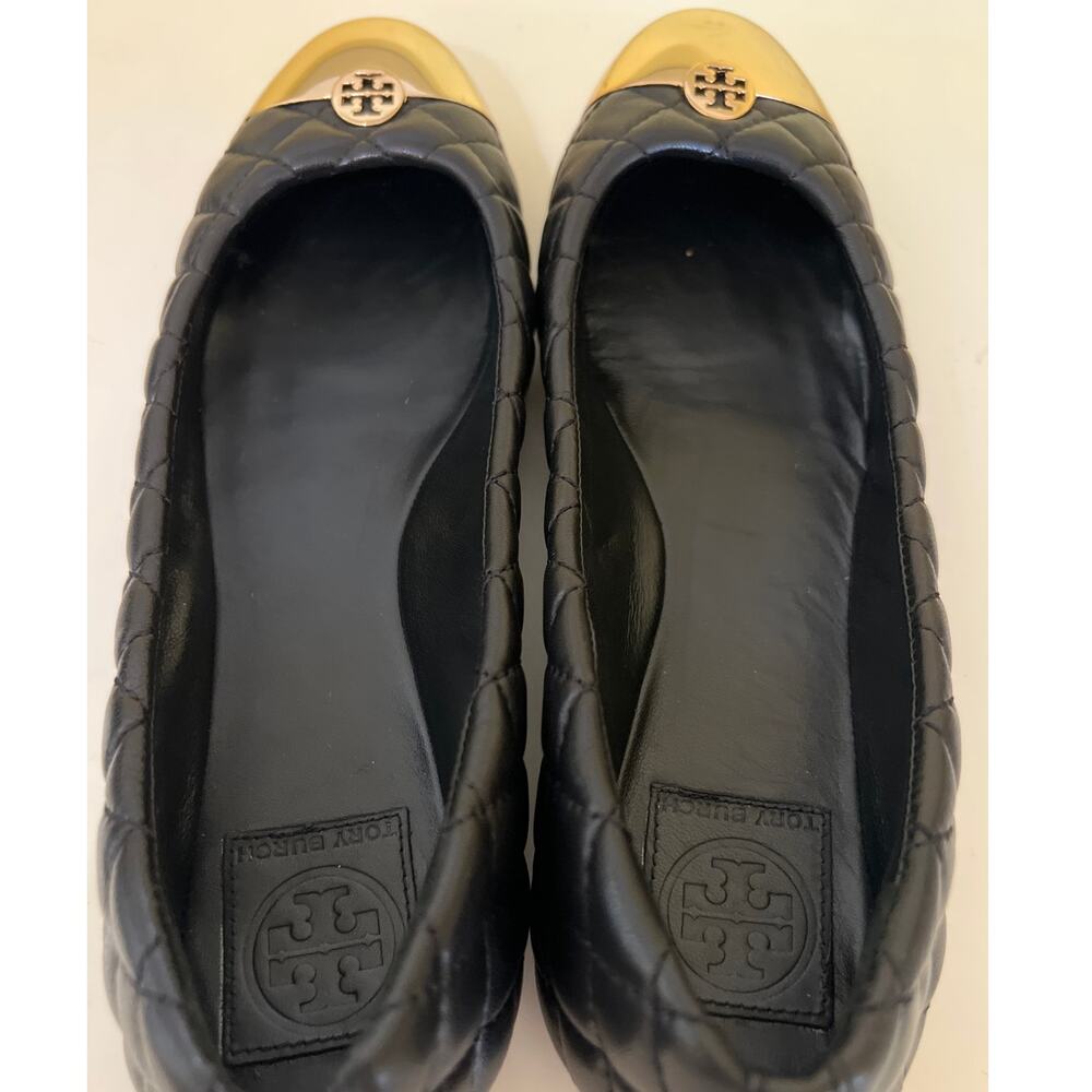 Tory Burch Black & Gold Quilted Ballet Flats Women's Size 10 Old Money Luxury - Picture 10 of 11